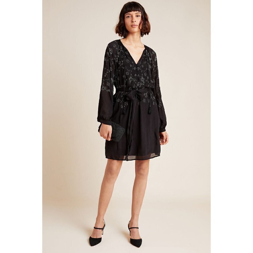 NWT Anthropologie Lucinda Beaded Tunic Dress L $178 Black Long Sleeves Cocktail